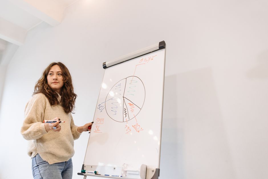 Brunette woman teaching a lesson with a whiteboard in a modern classroom setting.